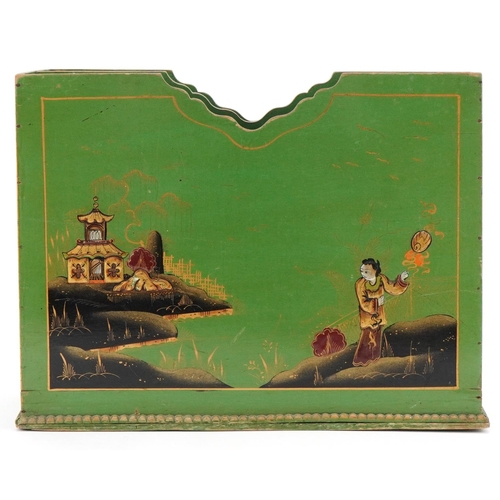 1307 - Green japanned lacquered magazine rack decorated with figures, 23cm H x 30cm W x 13cm D