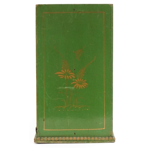 1307 - Green japanned lacquered magazine rack decorated with figures, 23cm H x 30cm W x 13cm D