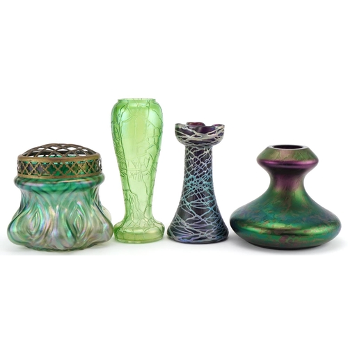 515 - Art Nouveau Pallme König glass hyacinth vase and Loetz glassware, the largest 23cm high