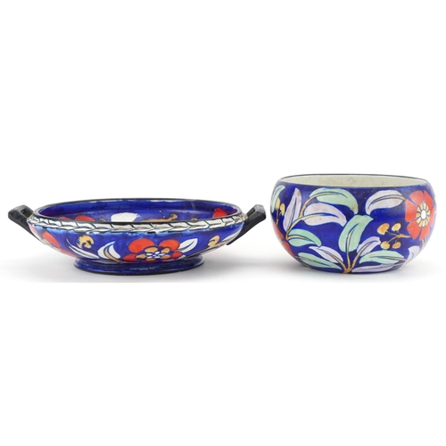 313 - Charlotte Rhead for Royal Cauldon abstract floral pot and twin handled dish together with a bowl, th... 