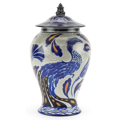 247 - Fredrick Rhead for Cauldon Ware ginger jar and cover hand painted with a peacock, the finial a seate... 