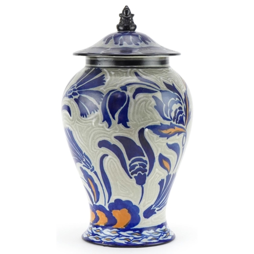 247 - Fredrick Rhead for Cauldon Ware ginger jar and cover hand painted with a peacock, the finial a seate... 