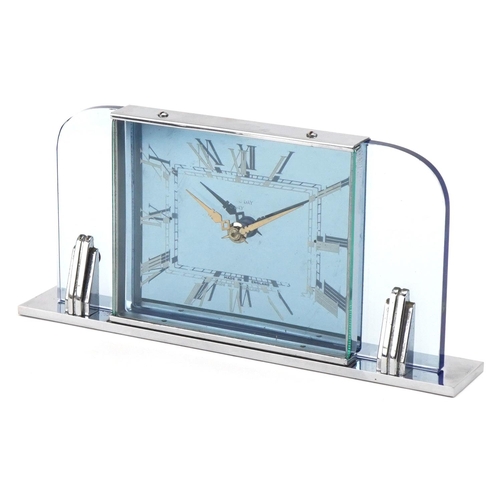 1089 - Art Deco blue glass and chromed Smiths eight day mantle clock, 23cm wide