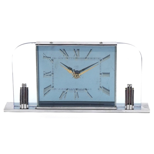 1089 - Art Deco blue glass and chromed Smiths eight day mantle clock, 23cm wide