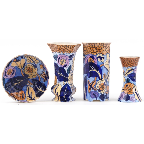 305 - Charlotte Rhead for Bursley Ware stylized vases and a dish pattern numbered 1432 to the base, the la... 