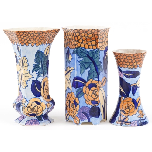 305 - Charlotte Rhead for Bursley Ware stylized vases and a dish pattern numbered 1432 to the base, the la... 