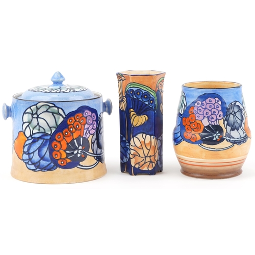 306 - Charlotte Rhead for Bursley Ware stylized  pattern biscuit box and cover and two vases numbers 1987 ... 