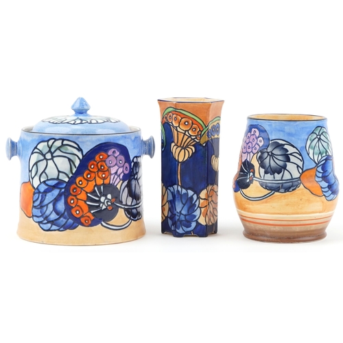 306 - Charlotte Rhead for Bursley Ware stylized  pattern biscuit box and cover and two vases numbers 1987 ... 