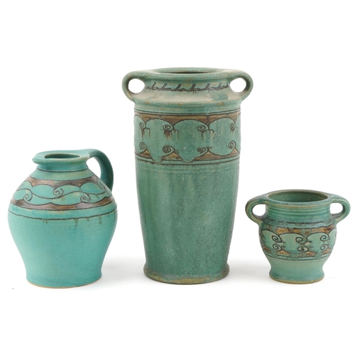 432 - Denby Danesby Ware stylish twin handled vases and a jug, the largest 32cm high