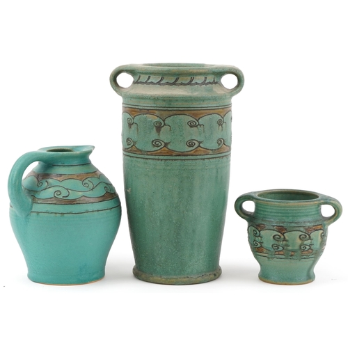 432 - Denby Danesby Ware stylish twin handled vases and a jug, the largest 32cm high