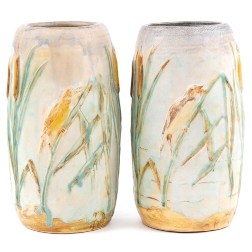 434 - Two Denby Danesby Ware kingfisher and bullrush vases, 29cm high