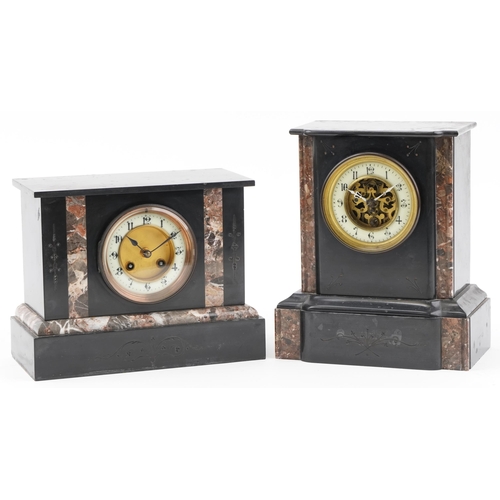 2242 - Two Victorian black slate and marble mantle clocks, the largest 28cm high