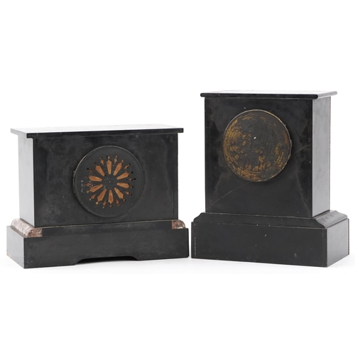 2242 - Two Victorian black slate and marble mantle clocks, the largest 28cm high