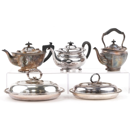 2312 - Three Victorian and later silver teapots and two entree dishes with covers, the largest 29cm wide