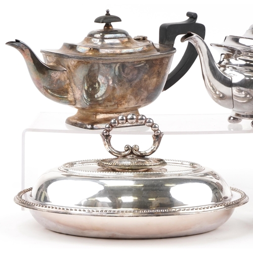 2312 - Three Victorian and later silver teapots and two entree dishes with covers, the largest 29cm wide