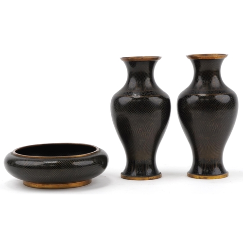 1070 - Pair of Chinese fish scale cloisonné vases and bowl, the largest 24cm high