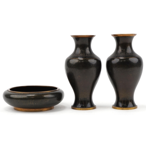 1070 - Pair of Chinese fish scale cloisonné vases and bowl, the largest 24cm high