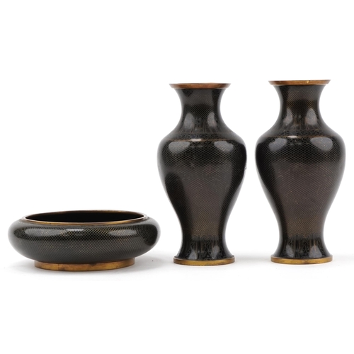 1070 - Pair of Chinese fish scale cloisonné vases and bowl, the largest 24cm high