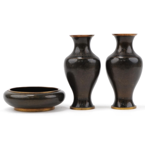 1070 - Pair of Chinese fish scale cloisonné vases and bowl, the largest 24cm high