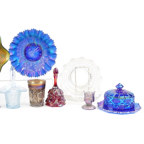 2249 - Victorian and later carnival glass including peacocks on a fence bowl, the largest 23cm in diameter