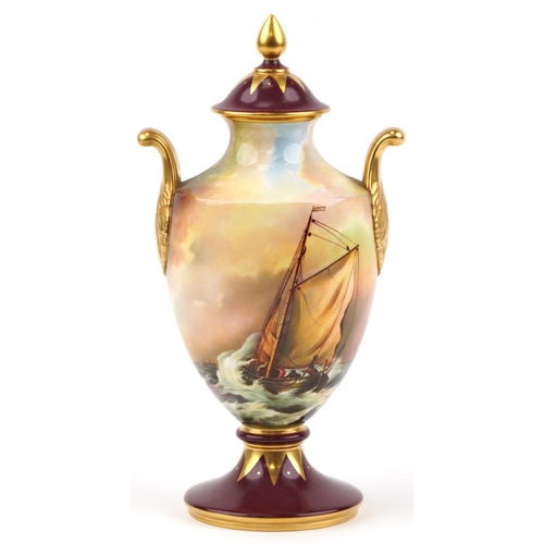 2124 - L Woodhouse for Caverswall twin handled urn vase and cover hand painted with a Dutch vessel after Va... 