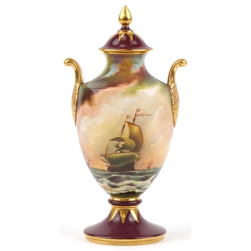 2124 - L Woodhouse for Caverswall twin handled urn vase and cover hand painted with a Dutch vessel after Va... 