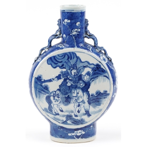 1151 - Chinese blue and white porcelain moon flask hand painted with warriors on horseback with dragon hand... 