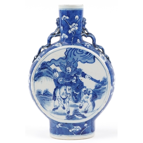 1151 - Chinese blue and white porcelain moon flask hand painted with warriors on horseback with dragon hand... 