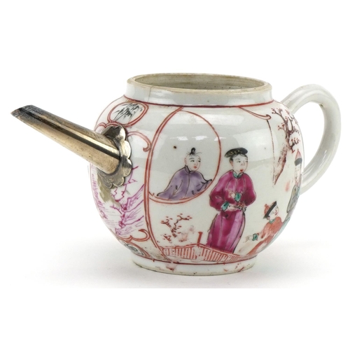 1206 - 18th century Chinese famille rose bullet shaped teapot with silver spout, 10cm high