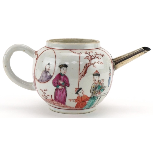 1206 - 18th century Chinese famille rose bullet shaped teapot with silver spout, 10cm high