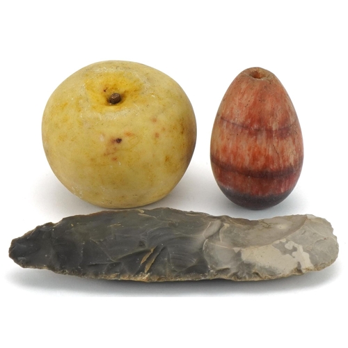 1215 - Blue John paperweight, marble faux apple and a Neolithic flint, the largest 16cm in length