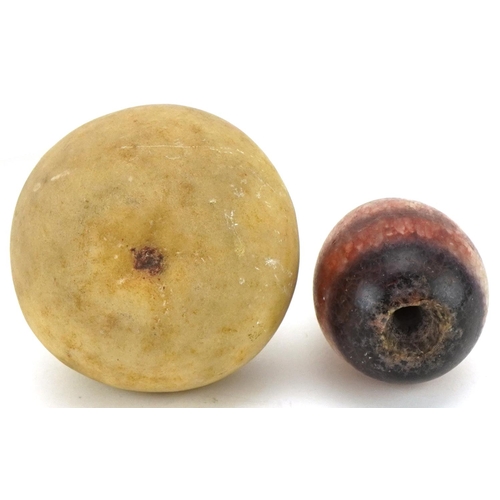 1215 - Blue John paperweight, marble faux apple and a Neolithic flint, the largest 16cm in length