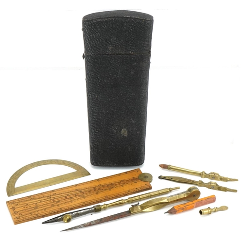 1011 - Set of Georgian brass and boxwood drawing instruments in a shagreen case, 17cm high