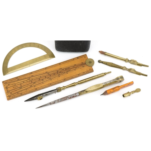 1011 - Set of Georgian brass and boxwood drawing instruments in a shagreen case, 17cm high