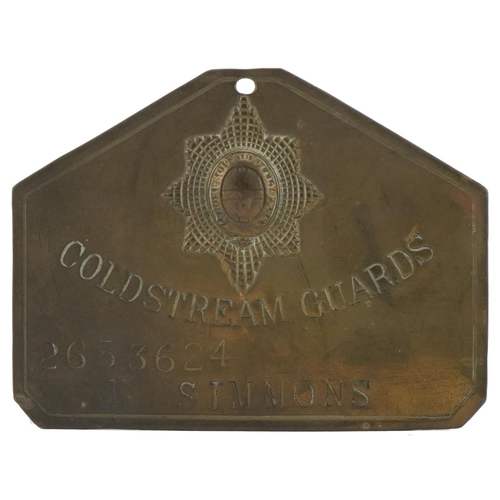 2535 - Coldstream Guards regimental brass plaque for E Simmons number 2653624