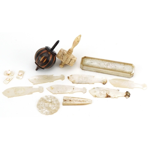 1214 - Tunbridge ware spinning top, Georgian bone numeric spinning top, mother of pearl toothpick case and ... 