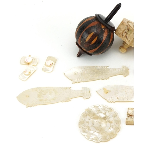 1214 - Tunbridge ware spinning top, Georgian bone numeric spinning top, mother of pearl toothpick case and ... 