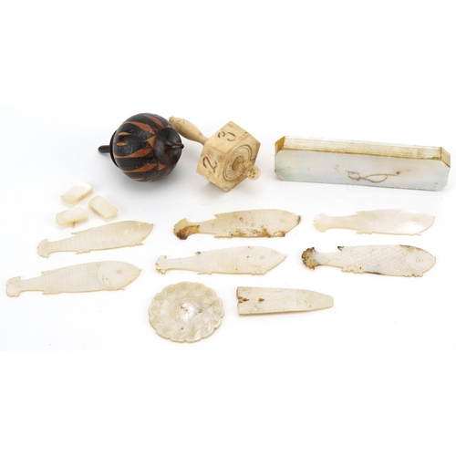 1214 - Tunbridge ware spinning top, Georgian bone numeric spinning top, mother of pearl toothpick case and ... 