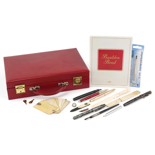 1168 - Fountain pens including a Waterman Skywriter, Parker 95 rolled gold, bone aide mémoire, bone floral ... 