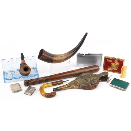 2212 - Smoking items including pipe, blue glass pipe rack, cigarette cases, lighter, truncheon, cow horn, b... 