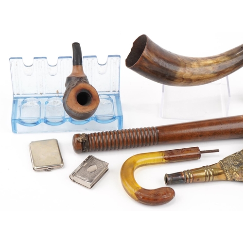 2212 - Smoking items including pipe, blue glass pipe rack, cigarette cases, lighter, truncheon, cow horn, b... 