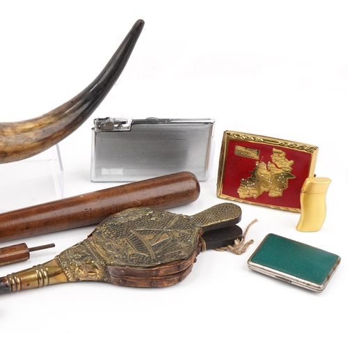 2212 - Smoking items including pipe, blue glass pipe rack, cigarette cases, lighter, truncheon, cow horn, b... 