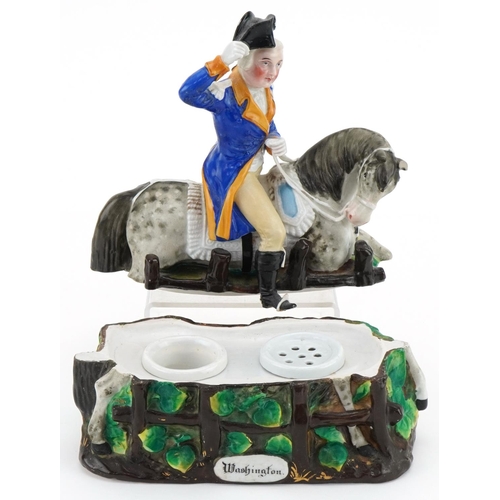 1254 - Victorian George Washington porcelain  double inkwell, 19cms in diameter