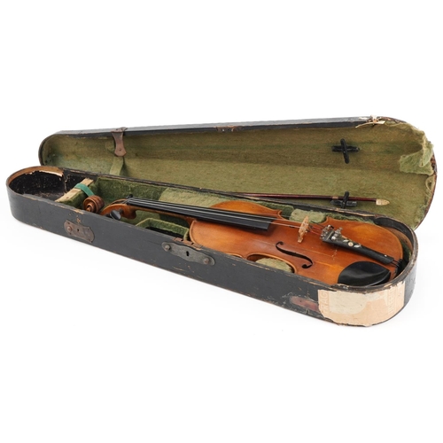 1434 - Old wooden violin with bow and protective carry case, the violin back 14.5 inches in length