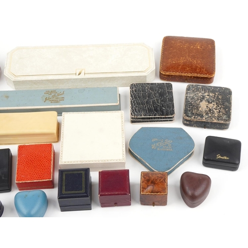 3580 - Antique and later jeweller's boxes, some leather, including Curtis & Horspool Leicester, Lotus, J W ... 