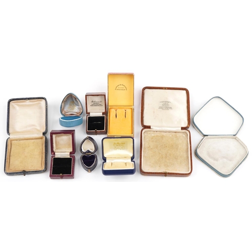 3580 - Antique and later jeweller's boxes, some leather, including Curtis & Horspool Leicester, Lotus, J W ... 