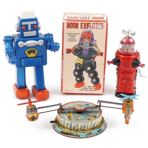 2316 - Three vintage tinplate toys including friction motor Moon Explorer with box and West German helicopt... 