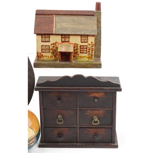 2226 - Sundry items including a wooden money box in the form of a Georgian house, bronzed horse plaque, Isl... 