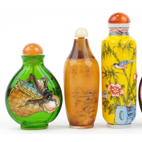 1265 - Six Chinese snuff bottles, some hand painted, including glass, porcelain, horn and lacquer, the larg... 