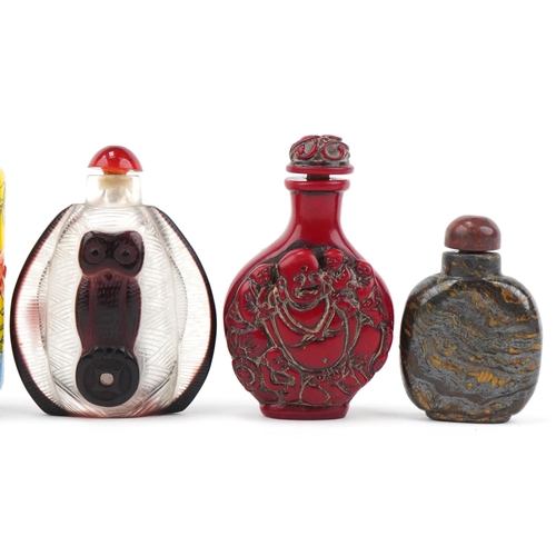 1265 - Six Chinese snuff bottles, some hand painted, including glass, porcelain, horn and lacquer, the larg... 